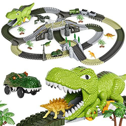 TUMAMA KIDS Dinosaurier Spielzeug Rennstrecke,281 Stück Dinosaurier Zug Spielzeug für Kinder 3 4 5 6,Flexible Eisenbahnschienen mit 4 Dinosauriern,2 Elektrische Rennwagen mit Lichtern