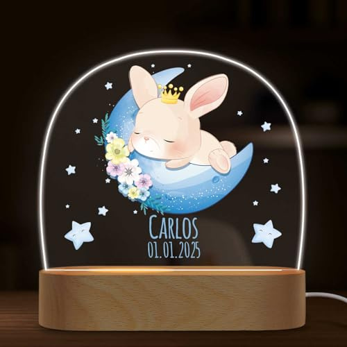 GRAVURZEILE Personalisiertes Kinder Nachtlicht - Mond Design - LED Nachttischlampe für das Kinderzimmer - Personalisierte Geschenke für Kinder & Babys - Geschenk zur Geburt - Babygeschenk - Hase