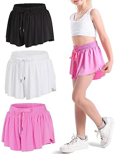 KEREDA Girls Flowy Shorts,Butterfly Shorts for Teen Girls with Spandex Liner 2-in-1 Kids Preppy Athletic Clothes 3 Pack 9-10Y (Black-White-Hot Pink)