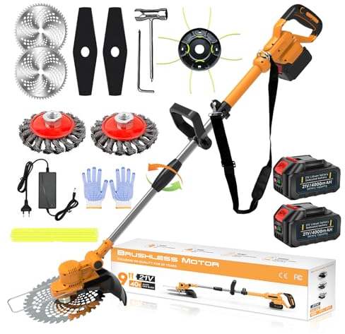 Rasentrimmer mit Akku, 4 in 1 Rasentrimmer mit Unkrautbürste 21V Bürstenloser Freischneider Akku, Teleskop, Verstellbarer, für Garden Trimmen, Orange