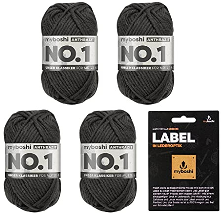 myboshi No.1 Wolle zum Häkeln und Stricken, Schnellstrickgarn, inkl. Label, Strickwolle, Häkelwolle, mulesing-frei, Ll. 55m /50g, 30% Wolle (Merinowolle) Grau (Anthrazit) 4 Knäuel