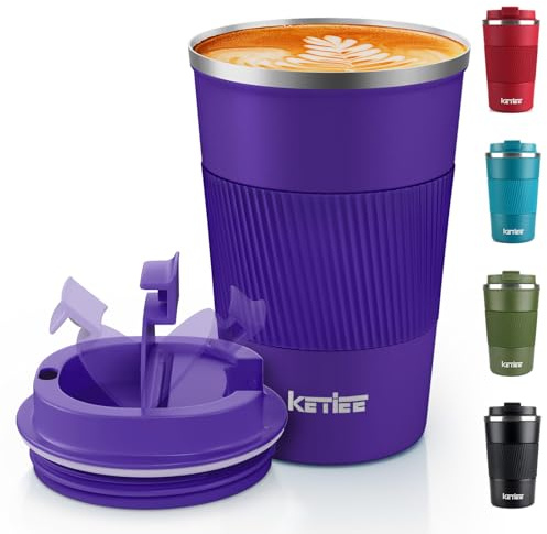 KETIEE Travel Mug Insulated With Leakproof Lid, Reusable Double Walled Coffee Cup, Stainless Steel for Hot Cold Drinks, 380ml Deep Purple
