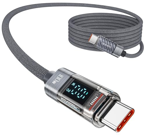 toocki 100W USB C auf USB C Kabel, 2M Schnellladekabel mit LED Display | Nylon Ladekabel,PD QC3.0 Langlebig für iPhone 17 Pro Max MacBook Pro Air iPad Pro Air Galaxy S24 S23 Pixel Switch(grey)