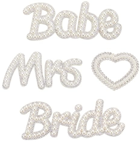 FINGERINSPIRE 4 Stück 4 Stile Braut Buchstaben Perlen Aufnäher Braut Mrs. Babe Herz Zum Aufbügeln/Aufnähen Mit Acryl Perlen Und Strass Glitzer Alphabet Applikation Für Hochzeitskleid Babykleidung