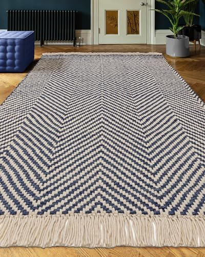 Lord of Rugs Jute Wool Rug for Living Room Bedroom Herringbone Bohemian Flatweave Short Pile Floor Carpet Natural Hand Woven Vigo Fringed Area Rug Navy Blue Extra Large 200x290 cm (6'7x9'6)