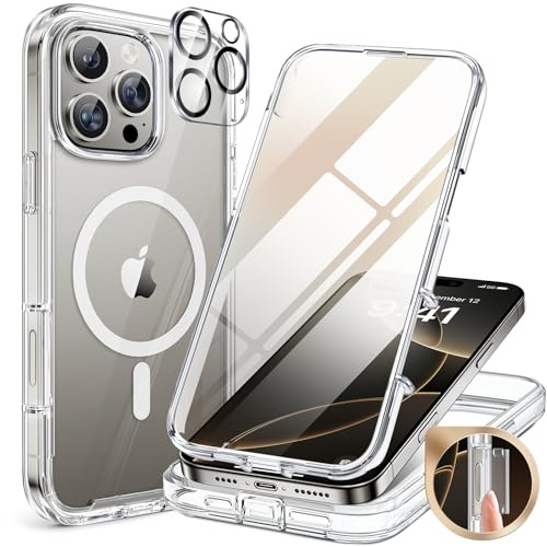 miracase Magnetic Case for iPhone 16 Pro Case 6.3-Inch, Full Body Bumper Case Compatible with MagSafe and Built-in 9H Tempered Glass Screen Protector + Camera Lens Protector (Clear)