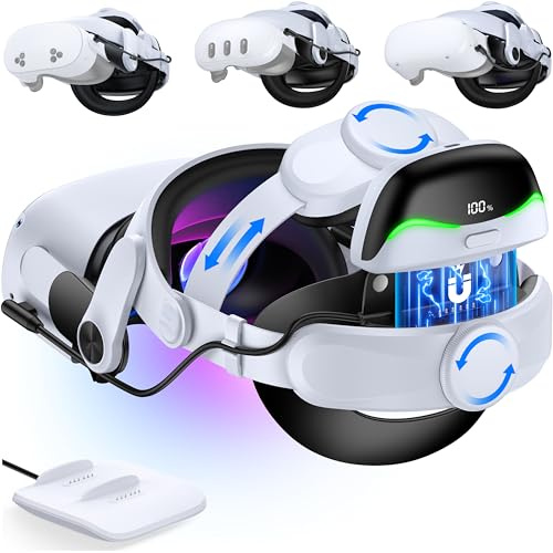 Enhanced Head Strap for Meta Quest 3/3S/Meta Quest 2 With Magnetic Power Bank 6700mAh Battery Pack and Charging Base,Adjustable VR Headset Oculus Elite Strap Replacement Reduce Head Pressure