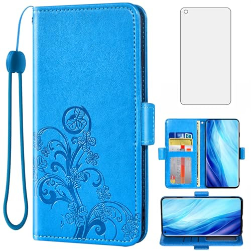 Asuwish Compatible with OPPO Reno 4 Pro 5G Wallet Case and Tempered Glass Screen Protector Flip Purse Accessories Wrist Strap Credit Card Holder Cell Phone Cover for Reno4 4Pro Women Men Blue