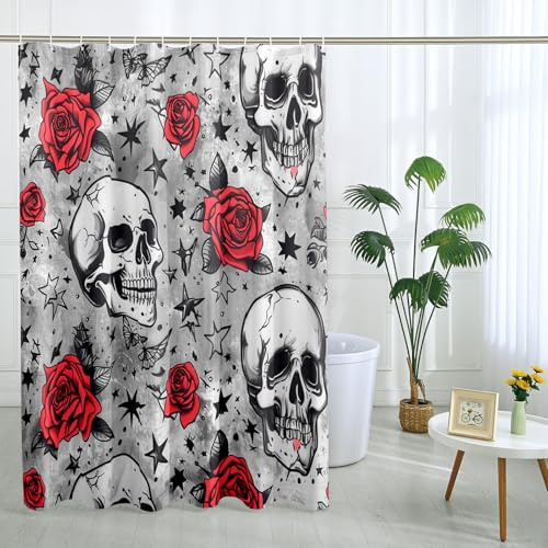Cortina de ducha gótica de calavera y rosa, decoración de baño de calavera roja y negra, juego de cortina de ducha de tela impermeable con ganchos, 72 x 72 pulgadas