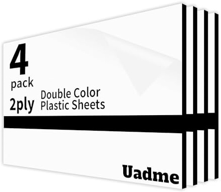 Uadme Feuille Plastique ABS, 30x20cm 1,3mm, 4 Plaques pour Gravure Laser, Plaque Gravée Personnalisée, pour Bureau à Domicile (Noir sur Blanc)