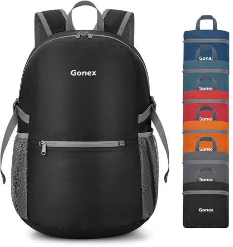 Gonex 30L Ultraleichter Faltbarer Rucksack, Praktischer Packbarer Tagesrucksack für Camping, Outdoor, Reisen, Radfahren und Trekking (Schwarz)