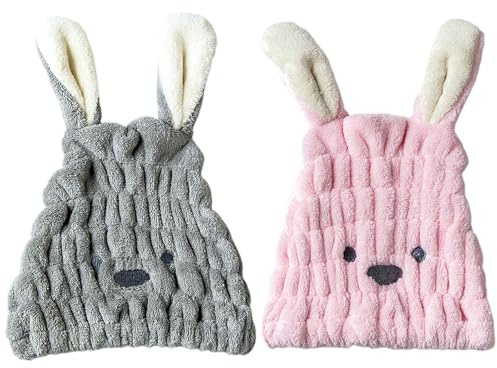 2 Pcs Trockenes Haar Hut Handtuch Mikrofaser Trocknen Haaren Kappe mit Niedlichen Kaninchenohren Schnell Trocknende Badekappe Haarturban Super Saugfähig Haare Handtuch Haar Wrap für Frauen Mädchen