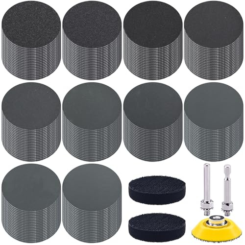 SIQUK 200 Piezas Disco de Lijas 50mm Papel de Lija Seco Húmedo Discos Hook and Loop Grano 180/240/320/400/600/800/1000/2000/3000/5000 Papel de Lija Redonda para Pulir Madera Faros Coche