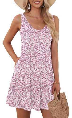 AUSELILY Vestito Donna Estivo Senza Maniche da Donna Abiti da Spiaggia Casual con Scollo a V e Tasche Piccolo Fiore Rosa M
