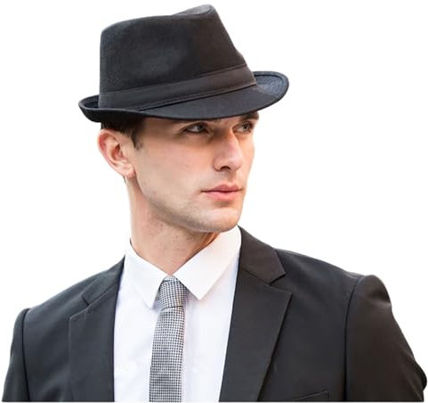 Dinghaole Klassischer Fedora-Trilby-Hut für Herren, Größe M, verstaubar, knitterfrei, perfekt für formelle Anlässe, Vintage, Freizeit, mehrere Anlässe, Schwarz , Einheitsgröße
