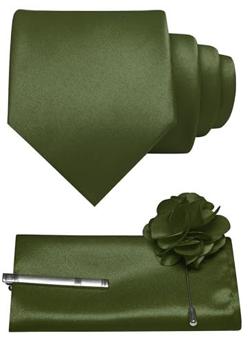 JEMYGINS 8 cm einfarbige formelle Krawatte und Einstecktuch mit Krawattenklammer, Reversnadel-Set, Herrenkrawatte für Business und Hochzeit, 4 Stück, olivgrün, Einheitsgröße