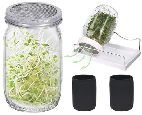 Kit de tarro de germinación de semillas, kit de cultivo de microverduras con tapas de germinación filtradas, 2 tarros de 950 ml de boca ancha, tarro Mason para cultivar brócoli, alfalfa y frijoles
