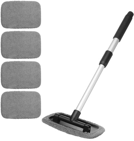 sourcing map Herramienta de limpieza de parabrisas, limpiador de ventanas de coche, kit de limpiaparabrisas de vidrio con 4 almohadillas de microfibra reutilizables y lavables y mango extensible para