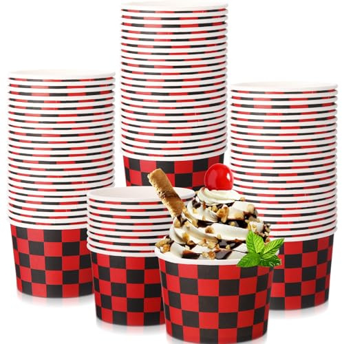 Zopeal 50 Count Christmas Snack Bowls Ice Cream Cups 9 oz Disposable Soup Paper Popcorn Bowl Plaid Christmas Party Supplies Yogurt Dessert Food Containers for Hot Cold Food, Red and Black Checkered