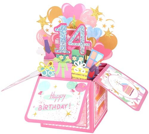 14th Happy Birthday Pop-up Karte, Glänzende 3D Pop-up Karte mit Umschlag & Grußkarte Lustige Geburtstagsdekoration mit Segenswünschen von Mama und Papa für Mädchen