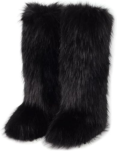 conmfotey Faux Fur Boots for Women Winter Knee High Furry Snow Boots Fuzzy Fluffy for Girls Flat Long Boots(black9)