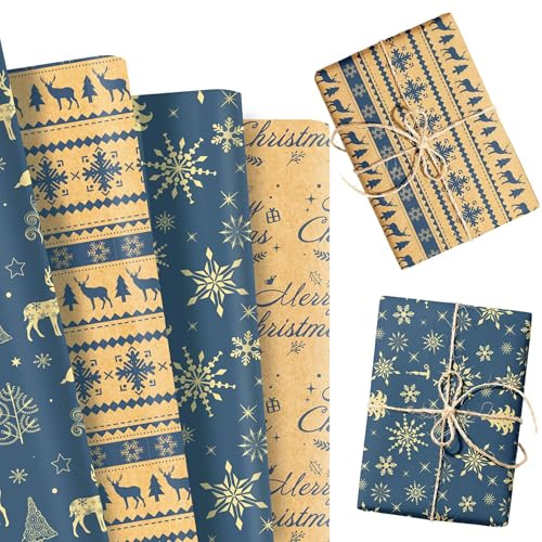 LaVenty Blaues Weihnachtspapier Santa Schneemann Schneeflocke Weihnachten | Blaues Weihnachtspapier Santa Schneemann Schneeflocke Weihnachten Geschenkpapier Handwerk DIY für Weihnachten Winter