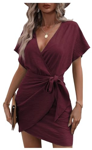 Floerns Women's Fall Fashion Cocktail Wrap Deep V Neck Dress Tie Side Dolman Sleeve Summer Short Dresses Burgundy Small