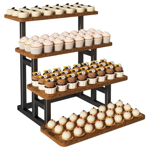 IBUYKE Alzata per Cupcake a 4 Ripiani, Alzata per Dolci,Pasticceria per torte,Alzata per Frutta in Legno,Espositore per Feste,Pomeridiano,Feste di Famiglia,Marrone TLJ018H
