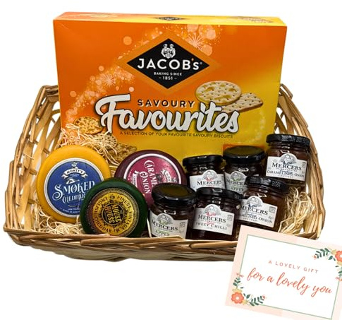 Cheese Hamper Basket Gift Set - 3x Cheeses Truckle, 6x Chutney, Crackers & Card - Cheeseboard Gift Set, Birthday Hampers for Men & Women, Cheese Selection Box, Fathers Day Hampers, Teachers Day Gift
