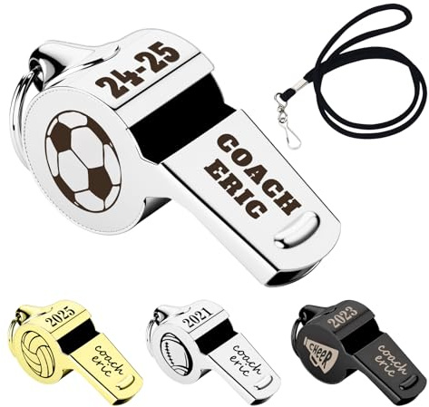 OXYEFEI Trillerpfeife Personalisiert, 120dB Hohe Lautstärke Schiedsrichter Pfeife mit graviertem Text und Mustern Pfeife Fussball Trainer mit Umhängeband und Geschenkbox (Edelstahlpfeife)