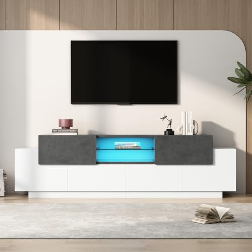 BLOCKTOY Meuble TV LED, Commode TV, Lowboard, Centre De Divertissement Moderne avec Étagères en Verre pour Salon, Chambre, pour Téléviseurs De 80/75/70/65/55 Pouces Blanc Gris