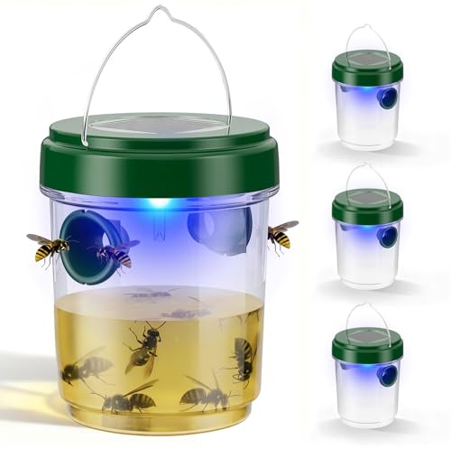 X-octenol 4 Packs Wasp Traps Outdoor Hanging, 2026 New Upgrade Wasp & Hornet Trap Yellow Jacket Catcher with LED Light, Solar Powered Carpenter Bee Traps for Outside Garden, Patio, Backyard, Camping