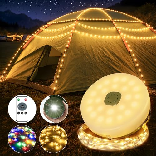 Hopexy Camping Fairy Lights Retractable Reel RGB Tent Light 20M with Remote | 20M 4 in 1 240 LEDs/Timer/Memory/USB Rechergable/ Easy to Store/3600mAh Battery Outdoor Camping Fairy Lights with Remote