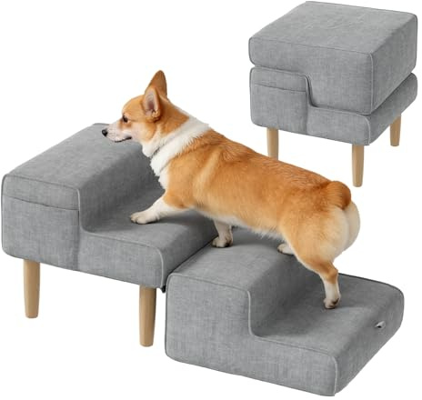 Scaletta per Cani, 2-in-1 Scaletta per Cani Letto Pieghevole, Altezza 4 Gradini, Scala Cane Piccoli e Gatti per Salire su Letto e Divano, Antiscivolo Rampa per Canis, 35/45cm, Grigio