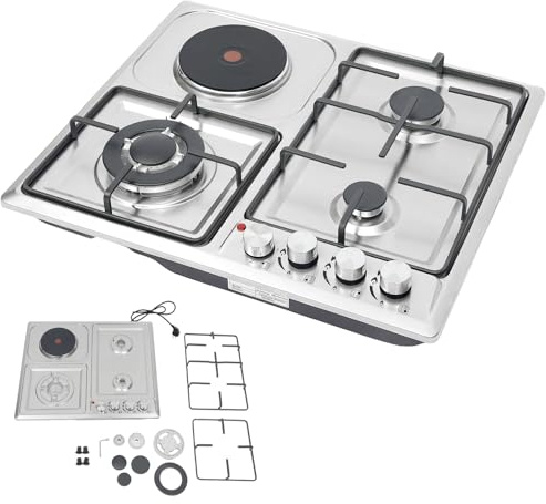ROGONPDK Plaque de cuisson à gaz 4 foyers, 3 gaz + 1 plaque électrique, plaque de cuisson à gaz avec protection anti-flamme, plaque de cuisson à gaz en acier inoxydable, plaque de cuisson à gaz