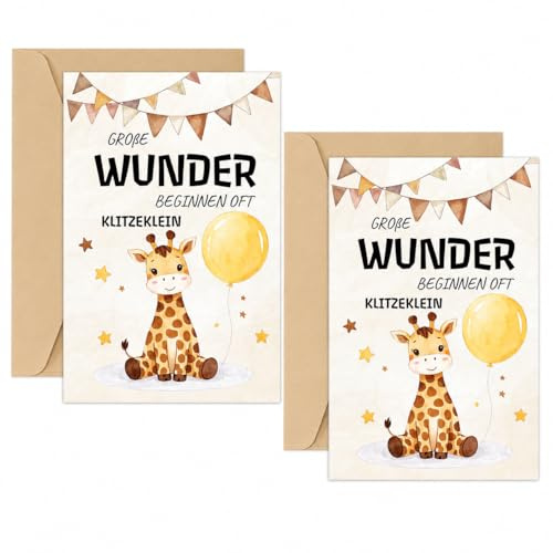 JOVYTH Lot de 2 Biglietti Nascita Bimbo e Neonata con Buste Kraft, Biglietto Pieghevole Baby Shower Giraffa Gialla, Biglietti Auguri Battesimo in Cartoncino Spesso