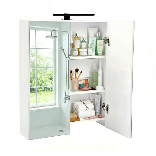 Songvas Spiegelschrank Bad 60cm mit Beleuchtung, Wandspiegelschrank mit Höhenverstellbaren Böden, Feuchtigkeitsbeständiger Badezimmerschrank, Schrank mit Spiegel für Badezimmer Weiß 60x16.5x70cm