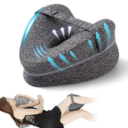 Ruayia Memory Foam Knee Pillow, Leg Pillow with Strap for Side Sleeper, Ergonomic Side Sleeping Pillows, Knees Pain, Joints Pain Pregnancy Bed knee Cushion - Grey