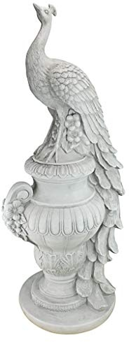 Design Toscano Staverden Castle Peacock on an Urn Garden Statue, 86.5 cm, Polyresin, Antique Stone, White