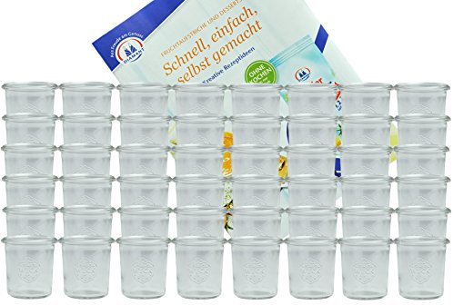 MamboCat 48er Set Weckgläser Sturzglas 140 ml I Original Weck Sturzglas Dessertglas I Einweckgläser für Kuchen Gelees UVM I Sturzgläser ohne Deckel inkl. Diamant-Zucker Gelierzauber Rezeptheft