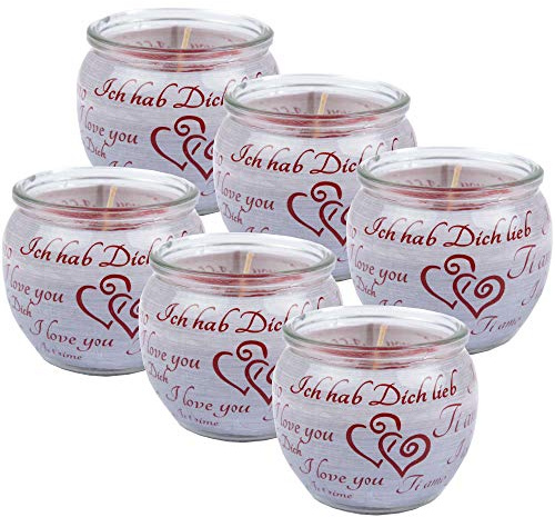 HS Candle Duftkerzen Sprüche 6er Pack im Glas, lange Brenndauer und angenehmer Duft (Ich liebe Dich)
