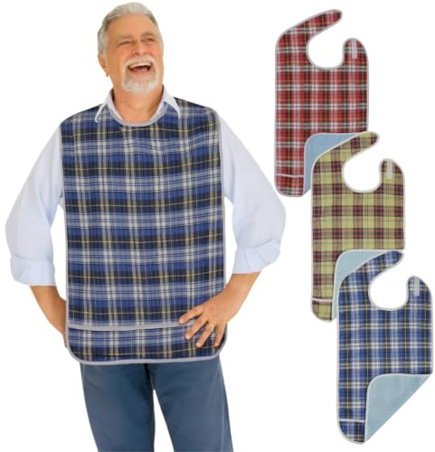 Modaliv 3-Pack Adult Bibs – Waterproof, Reusable Eating Aprons with Crumb Catcher, Machine Washable Clothing Protectors for Seniors, Elderly & Special Needs
