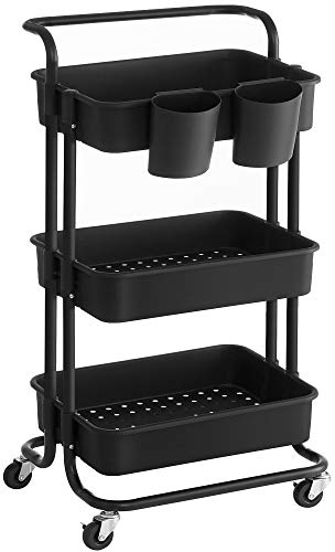 SONGMICS Rollwagen, 3 Ebenen, Servierwagen, Küchenwagen mit Griff, 2 kleine Einhängefächer, 2 Bremsen, Ablagefächer aus Kunststoff, einfacher Aufbau, Schlafzimmer, schwarz BSC067B01