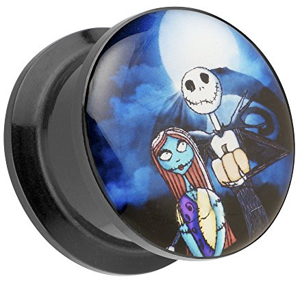 Taffstyle Ohr Plug Flesh Tunnel Piercing Ohrpiercing Kunststoff Schraub Schraubverschluß Picture mit Comic Nightmare Jack & Sally Motiv