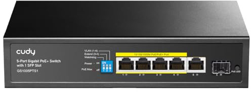 Cudy GS1005PTS1 5 Port Gigabit PoE+ Switch 120W, 4 PoE Ports, 1 Sfp, 802.3at/af, Vlan, Erweitern auf 250 Meter | 4x GbE 802.3af/at mit Hi-PoE P1, 1x GbE-Upstream, 1x Glasfaser, 120 W Leistungsaufnahme, 12, 5 Gbit/s Kapazität