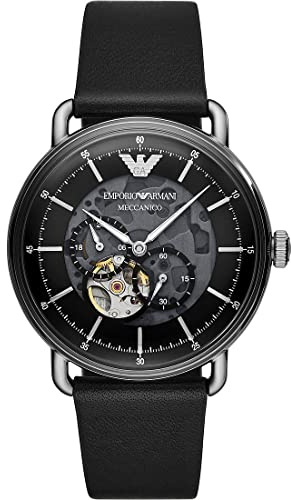 Emporio Armani Uhr für Herren, Automatikwerk, 43mm Silbernes Edelstahlgehäuse mit Lederarmband, AR60026