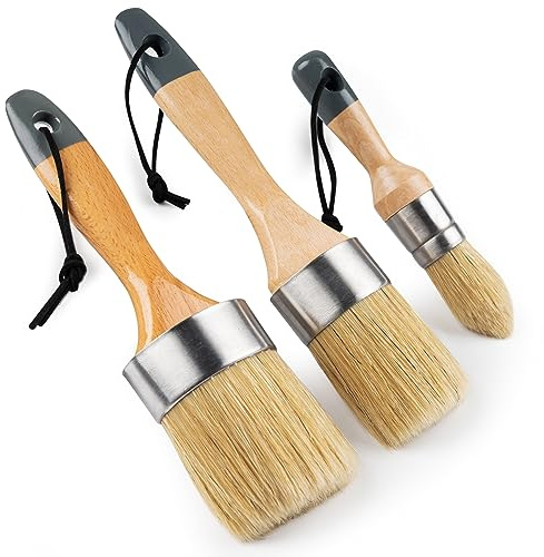 Mister Rui 3-Pack Chalk & Wax Paint Brushes Set, Round, Natural Bristle