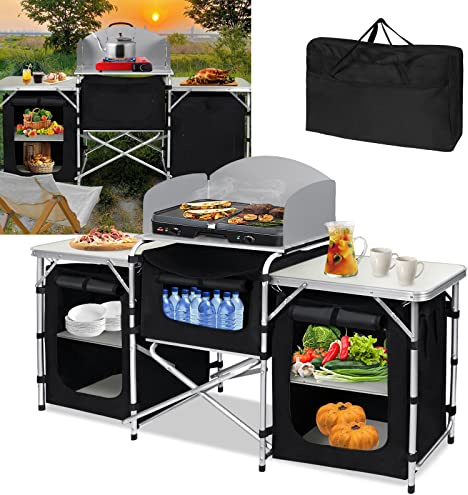 LARS360 Campingkök, vikbart campingskåp med aluminiumram, förvaringsfack, bordsskiva, inkl. bärväska, för picknick utomhus, camping utomhus, fest (5 fack och 3 bord)