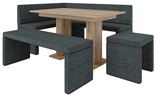 Eckbank Akiko mit Tisch und Bänken - Eckbankgruppe für Ihrem Esszimmer, Küche modern, Sitzecke, Essecke. Perfekt für Küche, Büro und Rezeption. Solide Verarbeitung (INARI 96, 196x142 rechts)