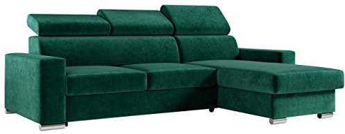 MKS MEBLE Ecksofa Wohnzimmer - Wohnlandschaft - L-Form Couch mit Schlaffunktion - Bettsofa - Wohnzimmer L Couch - Polstersofa mit Bettkasten - Fox Dunkelgrün
